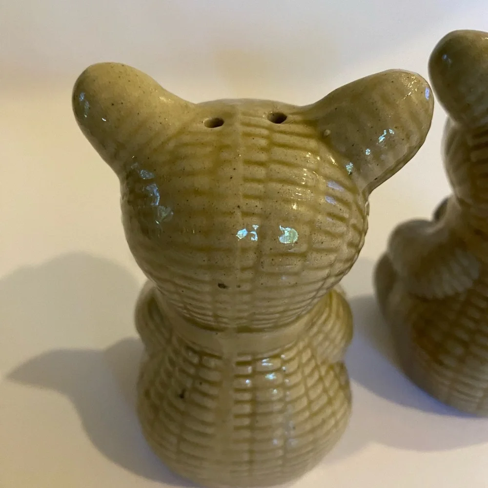 Vintage Ceramic Teddy Bear Salt Pepper Shakers Quilted Bears with Black Bow Ties